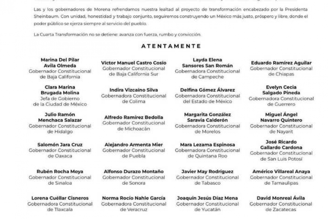 Gobernadores de Morena respaldan el liderazgo de Claudia Sheinbaum y los logros de su primer año de gobierno.