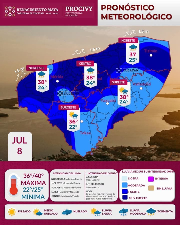 Onda Tropical y vaguada dejan lluvias moderadas a fuertes este miércoles en Yucatán, con máximas de 38 a 40 °C