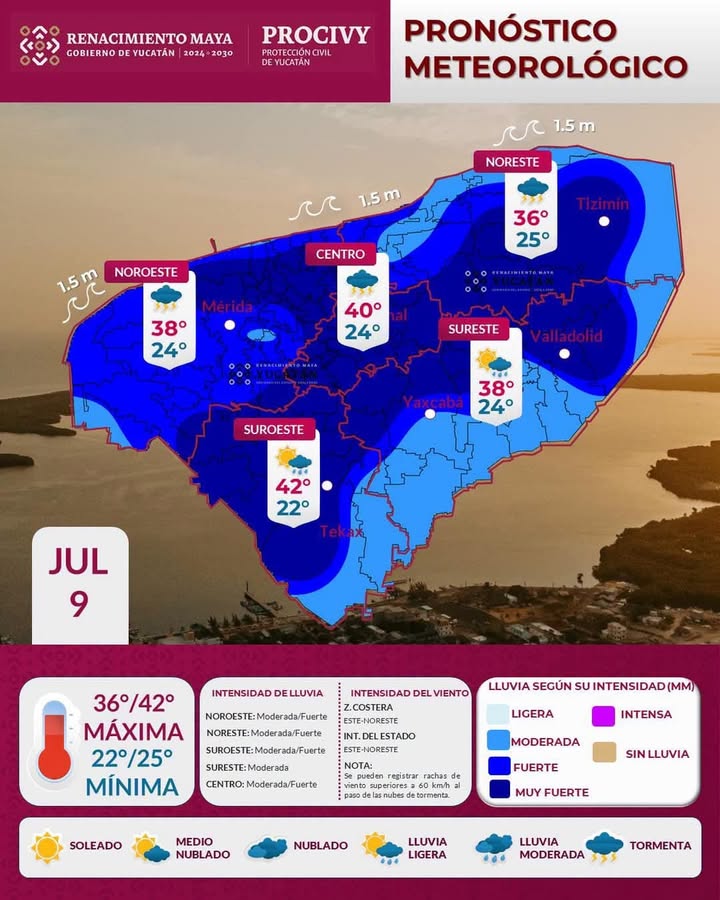 Para este jueves 9 de julio, vaguada y Onda Tropical traerán lluvia moderada a fuerte con rachas de hasta 60 km/h y máximas de hasta 42 °C en Yucatán