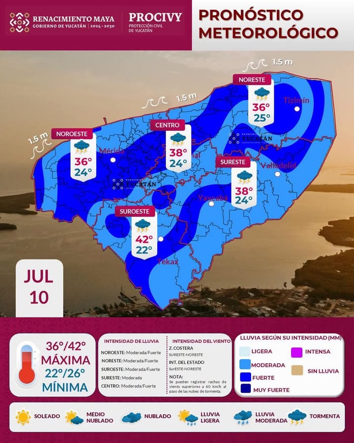 Para este viernes 10 de julio, vaguada sobre la Península de Yucatán dejará lluvia moderada a fuerte con máximas de 40 a 42 °C en Mérida y la zona conurbada